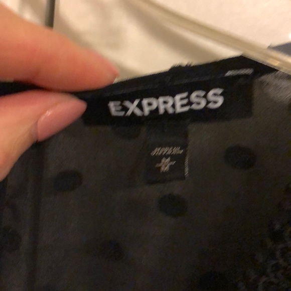 Express Black Clip Dot Sheer Chiffon Romper; tonal dot pattern and lace detail - Picture 8 of 8